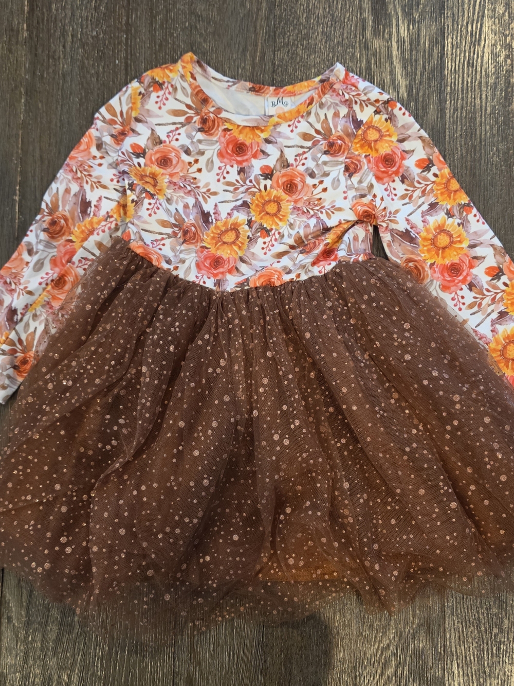 Mia Belle Girls Fall Floral Orange & Brown Tulle Kids Dress 5t